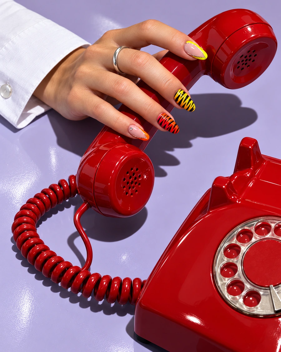 Scena di concept generata: un telefono rosso e una mano con nail art fluo su fondo lilla